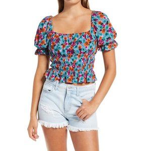 ALL IN FAVOR Puffed Sleeves Floral Print Smocked Square Neck Crop Blouse Tops